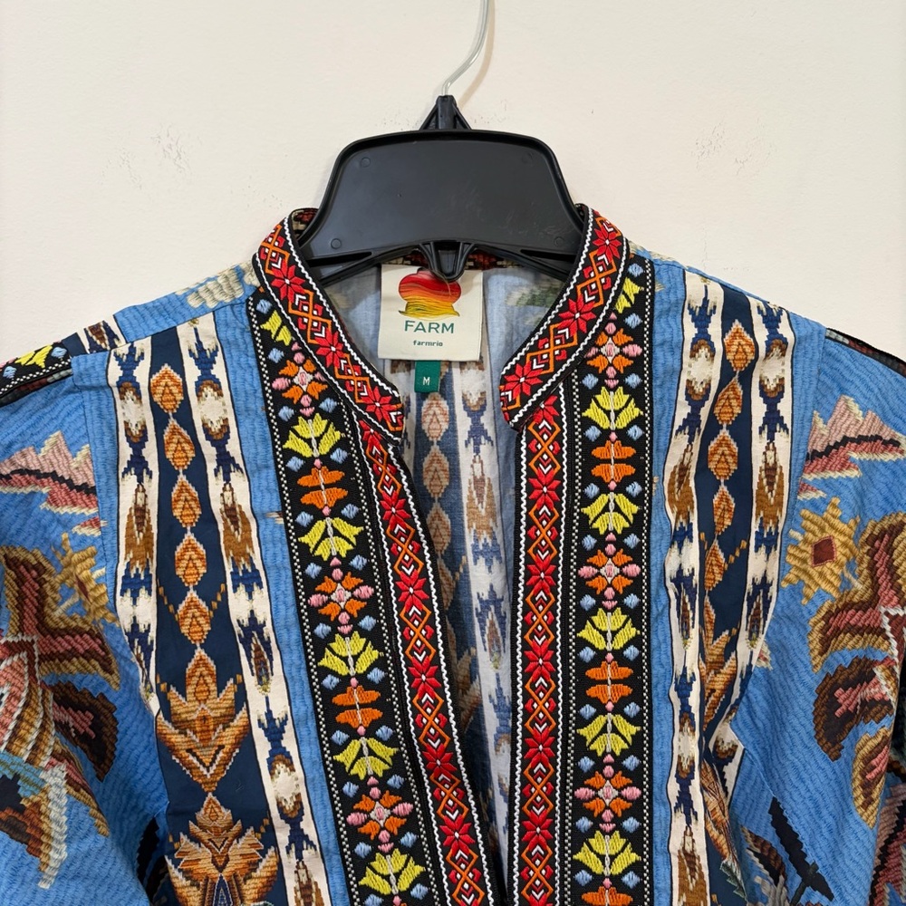 Farm Rio Embroidered Tapestry Organic Cotton Blue Boho Mini Dress with Belt - Picture 8 of 10